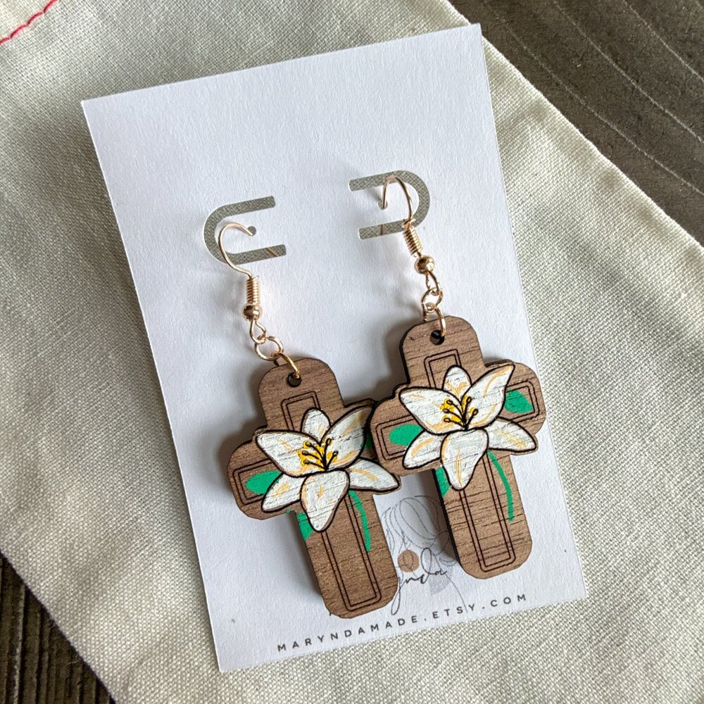 Easter Lily Cross Earrings – Hand-Painted Walnut Wood Dangle Earrings